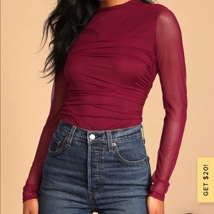 Brand New - Lulus - We Mesh Well Wine Red Ruched Mesh Long Sleeve Bodysuit